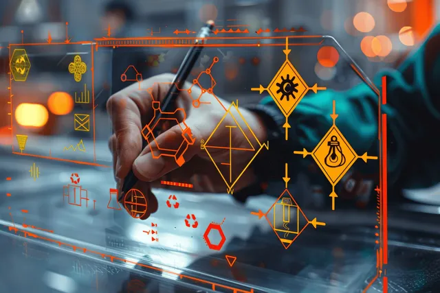 Safety officer reviews hazardous chemicals checklist inside warehouse with warning pictograms overlay