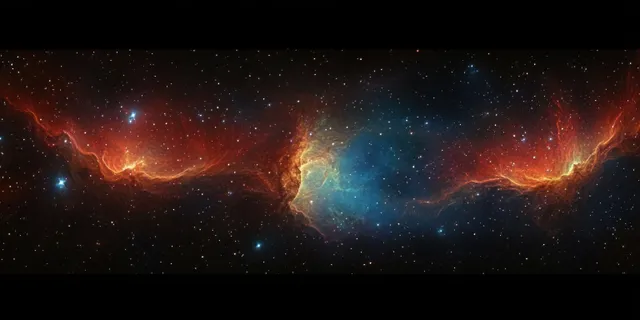 Red and blue nebula clouds swirl across a starry space panorama with a bright central glow.