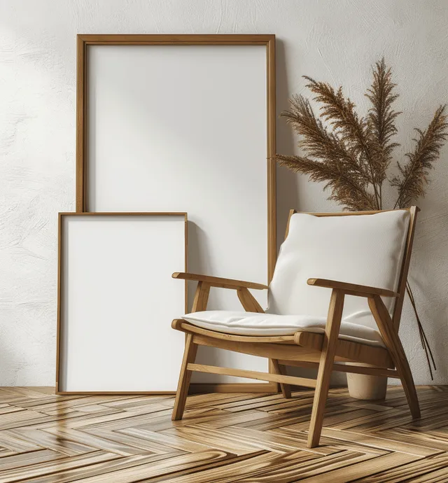 Minimalist nomadic interior with empty framed wall art, light oak chair and beige textures