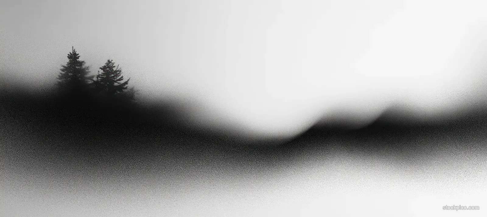 A monochrome misty landscape silhouette blurred into a soft gray background with subtle grain.