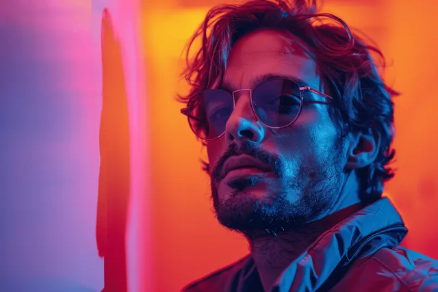 Curly-haired bearded man wearing glasses in colorful neon blue and orange lighting