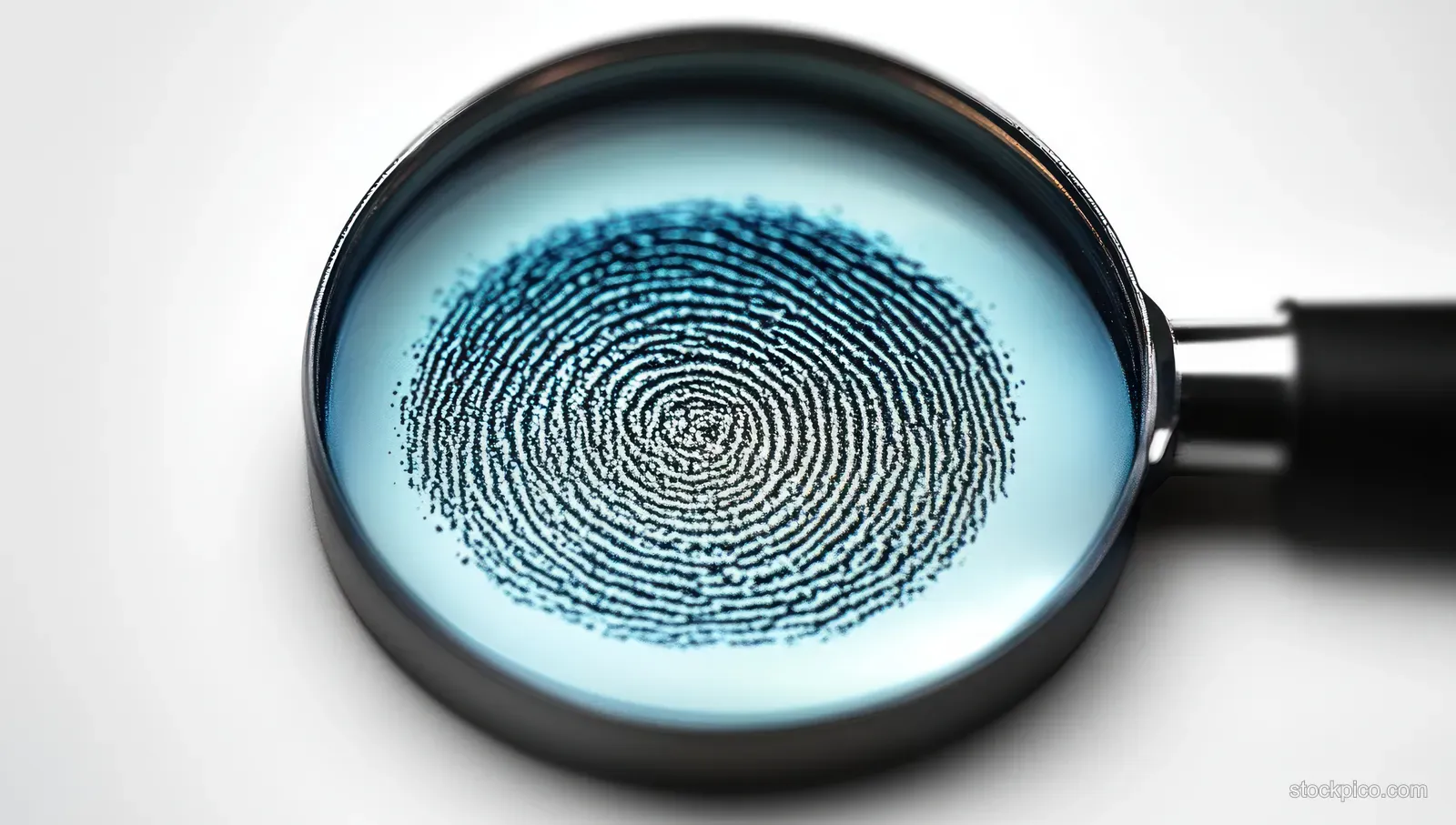 A fingerprint ridge pattern is magnified under a lens on a white surface.