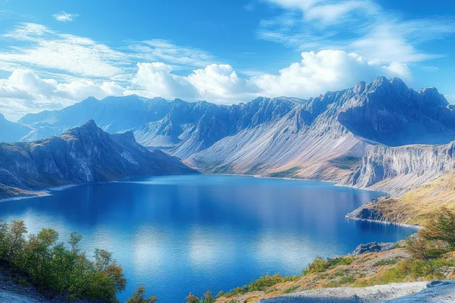 Deep blue lake reflecting rugged mountain peaks under a partly cloudy bright sky with green bushes in the foreground.