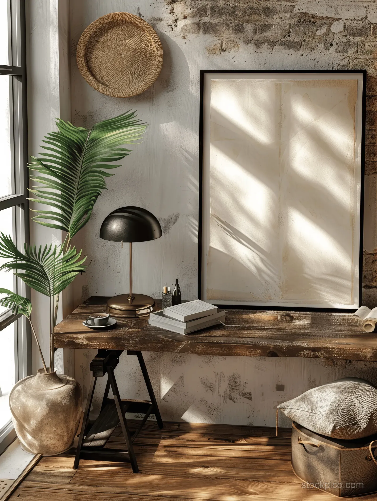 Rustic wooden desk in a boho room with black-framed poster, lamp, books, tropical plant, and sharp daylight shadows.