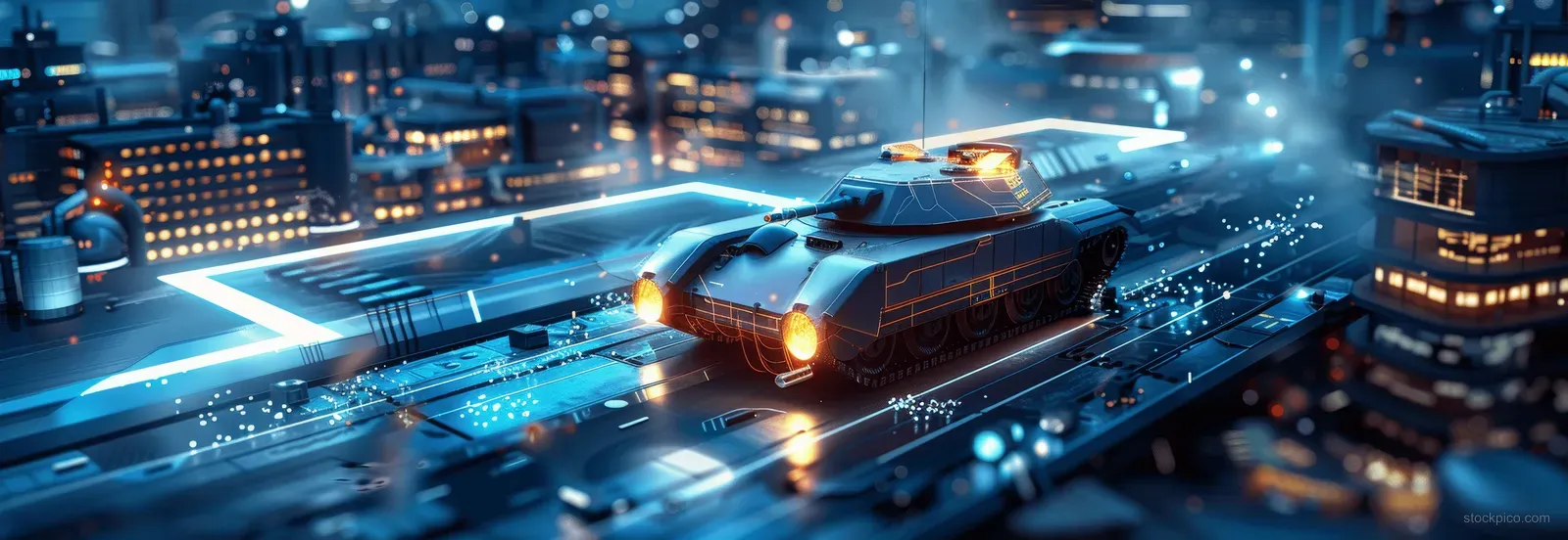 Cyberpunk tank accelerates on an AI microchip base amid glowing blue circuit lines in a digital city battlefield.