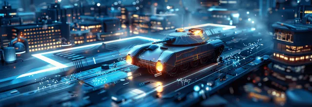 Cyberpunk tank launches from AI microchip base over blue-lit digital battlefield