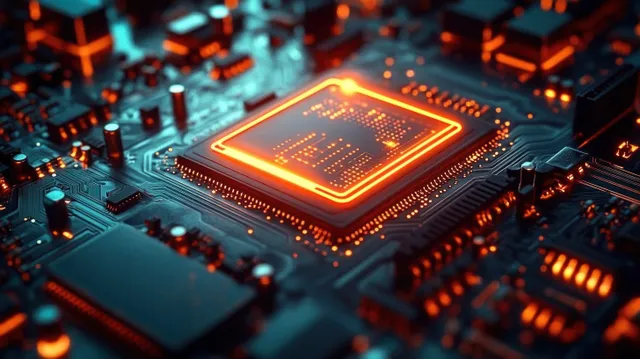 Glowing orange microchip close-up on dark circuit board with sharp glowing circuitry traces