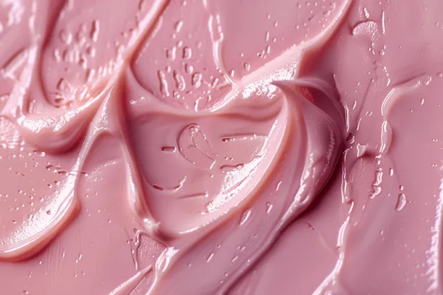 Pink clay mask and cosmetic cream smear across a close-up skincare texture background with glossy ridges.