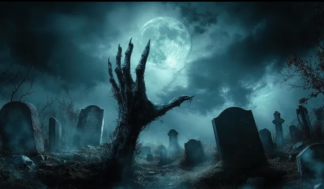 Skeletal hand reaching from graveyard ground under full moon with mist and tombstones