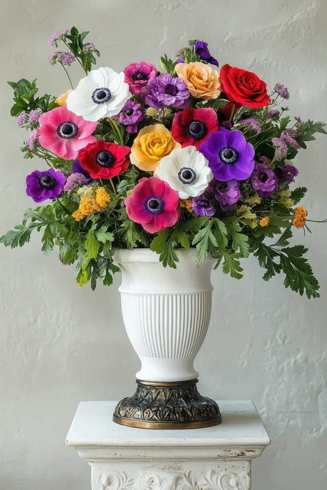 Colorful anemone and rose bouquet arranged in a white classical vase on a decorative pedestal against a neutral wall.