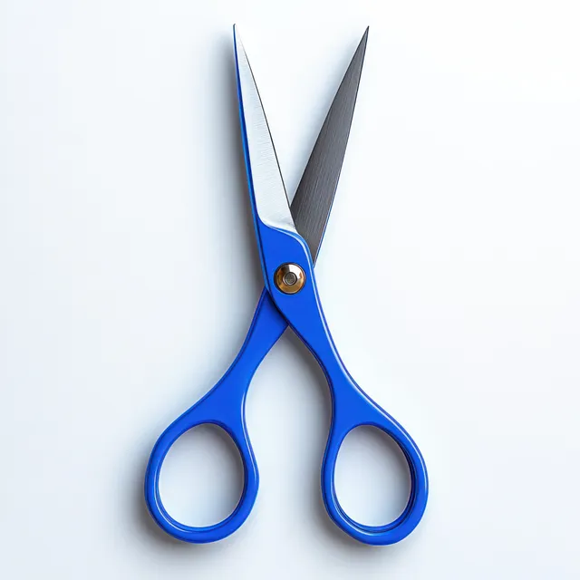 Pair of blue-handled scissors with open metal blades isolated on a plain white background.