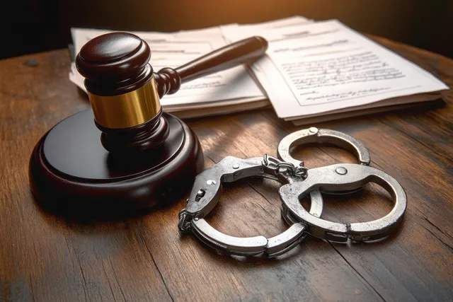 Judge’s gavel and handcuffs lie on legal documents over a wooden tabletop.