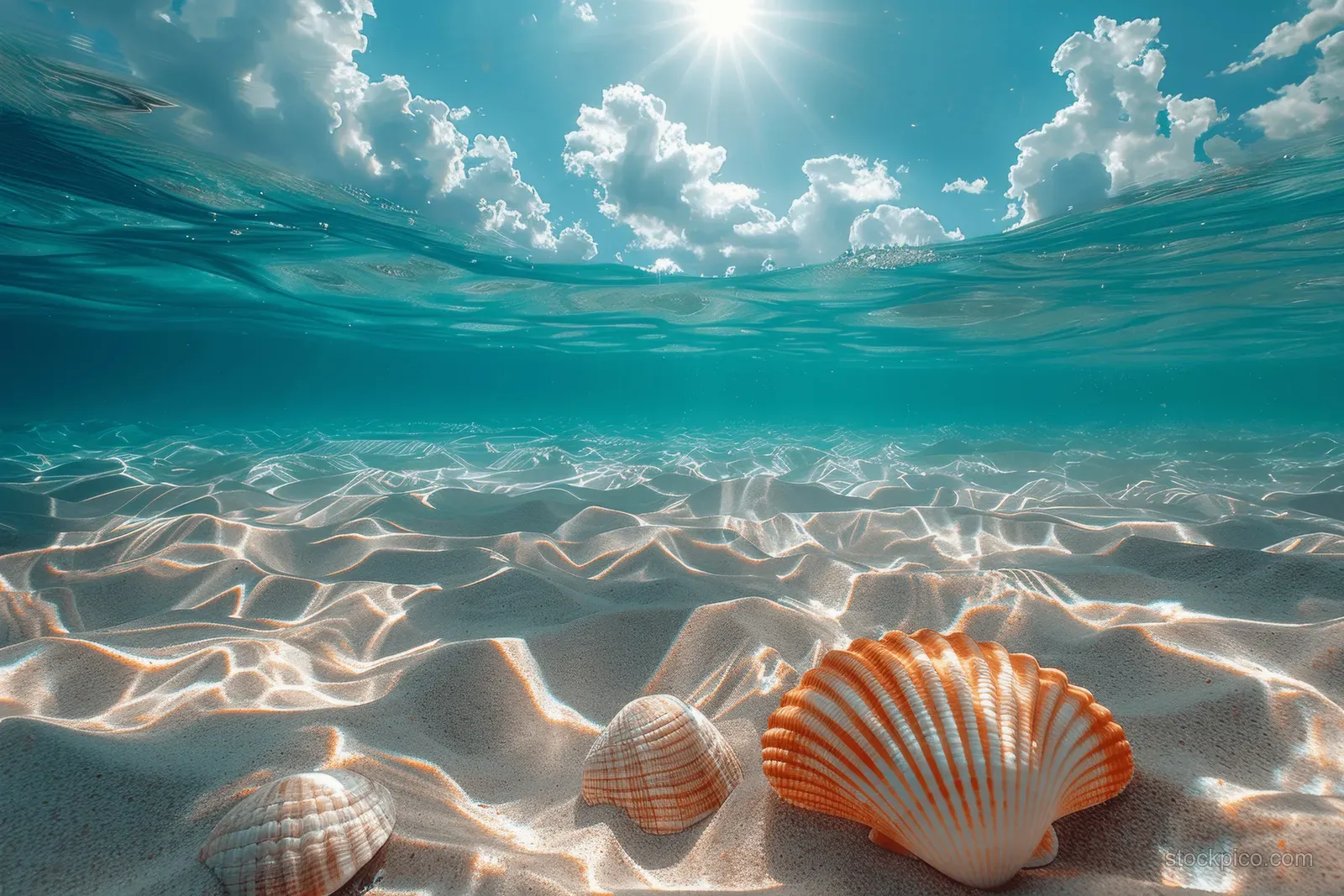Split view of clear turquoise water above rippled sand with seashells below and a sunny sky overhead.