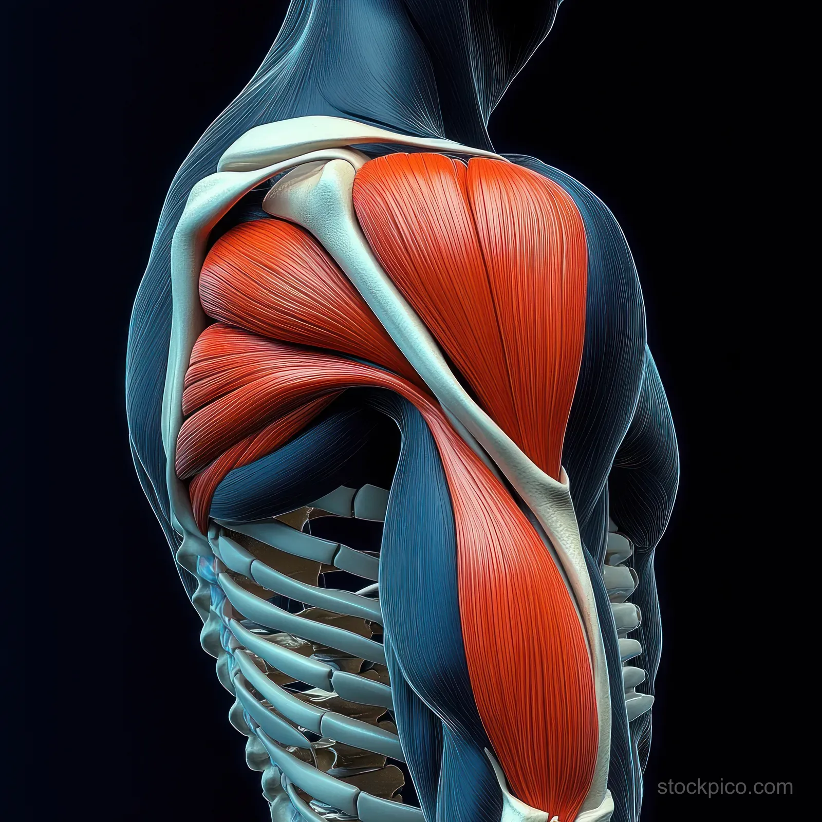 3D anatomical illustration of the highlighted deltoid and shoulder muscles over a skeletal torso on a dark background.
