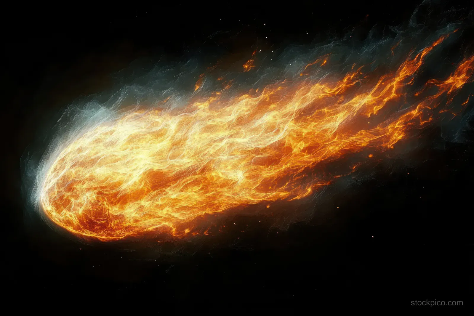 A blazing comet streaks through dark space, trailing flames, smoke, and glowing embers.