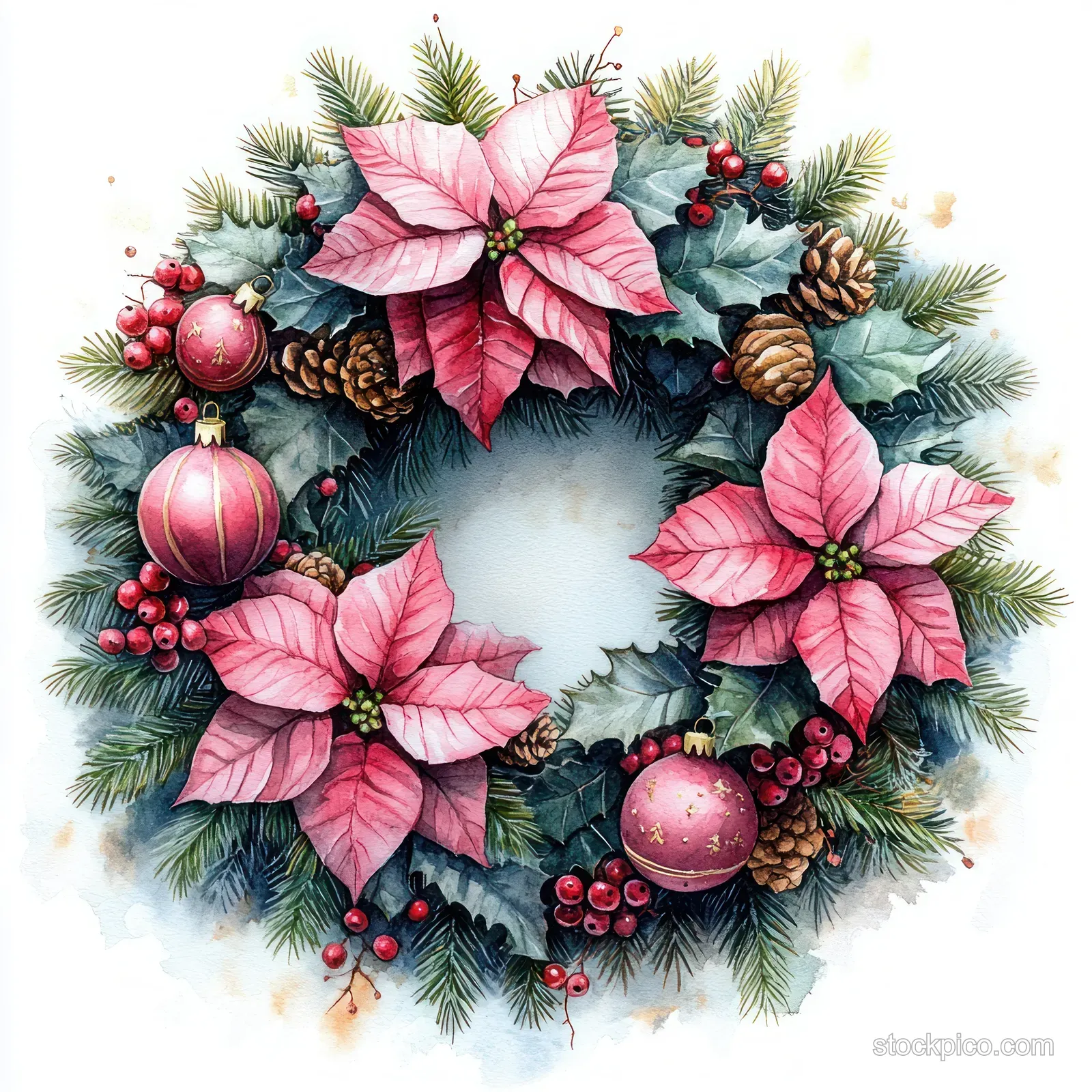 Circular watercolor Christmas wreath with pink poinsettias, red ornaments, pine needles, and berries on a snowy background.