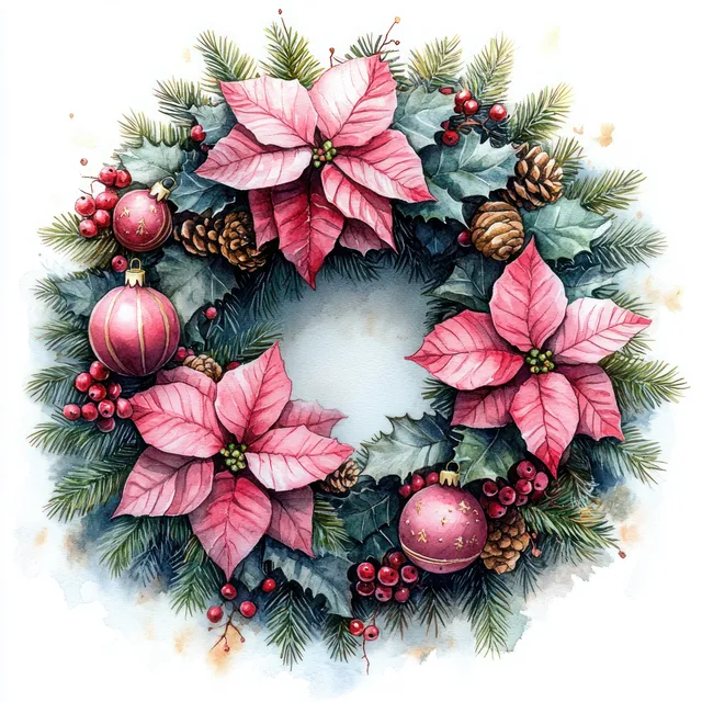 Circular watercolor Christmas wreath with pink poinsettias, red ornaments, pine needles, and berries on a snowy background.