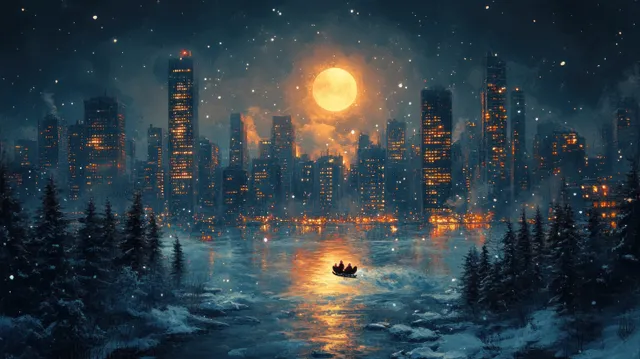 Santa Claus flying a sleigh over snowy city at night under a glowing full moon