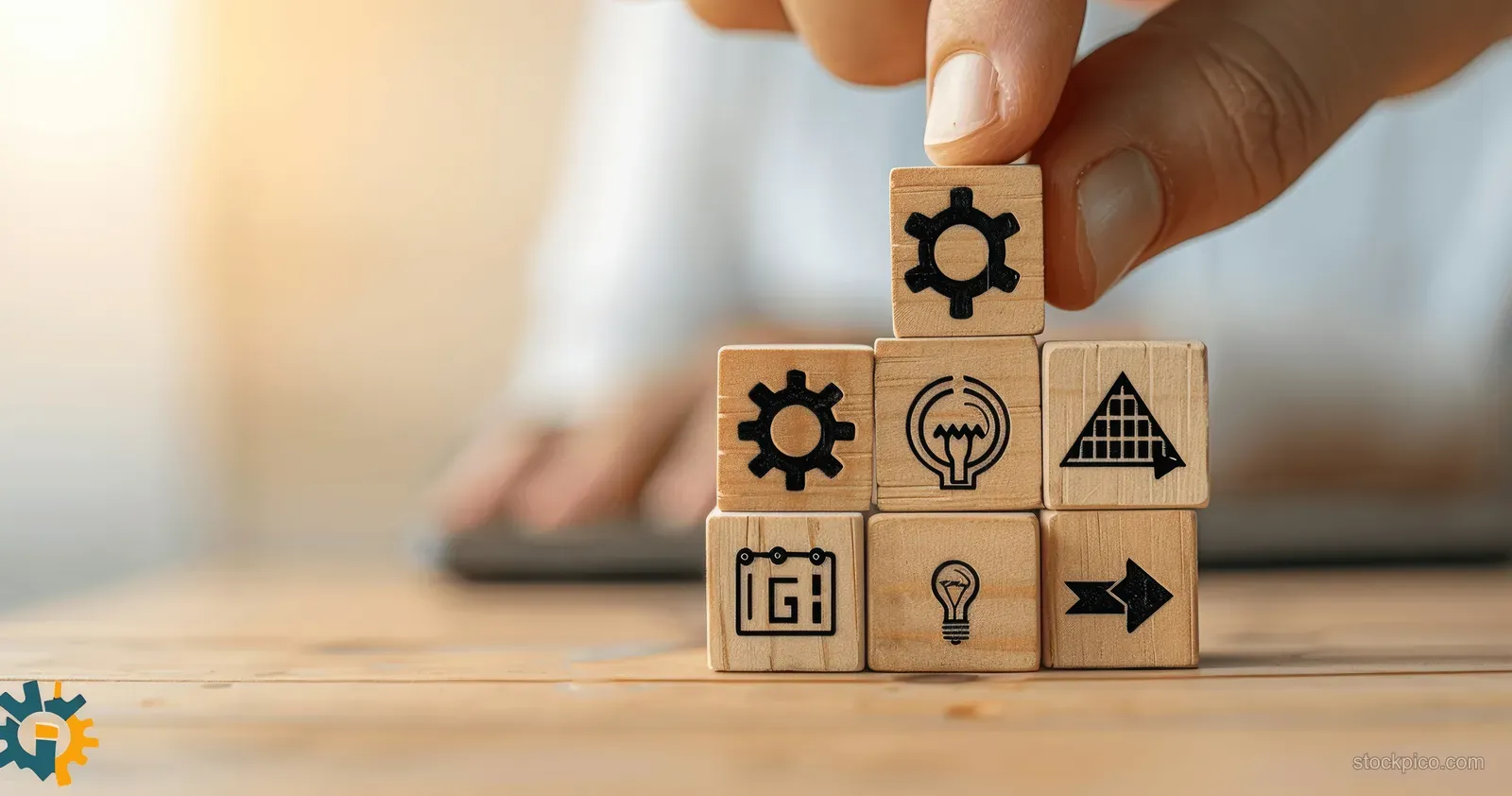 Hand places a puzzle piece on wooden blocks with business icons like a gear and lightbulb on a desk.