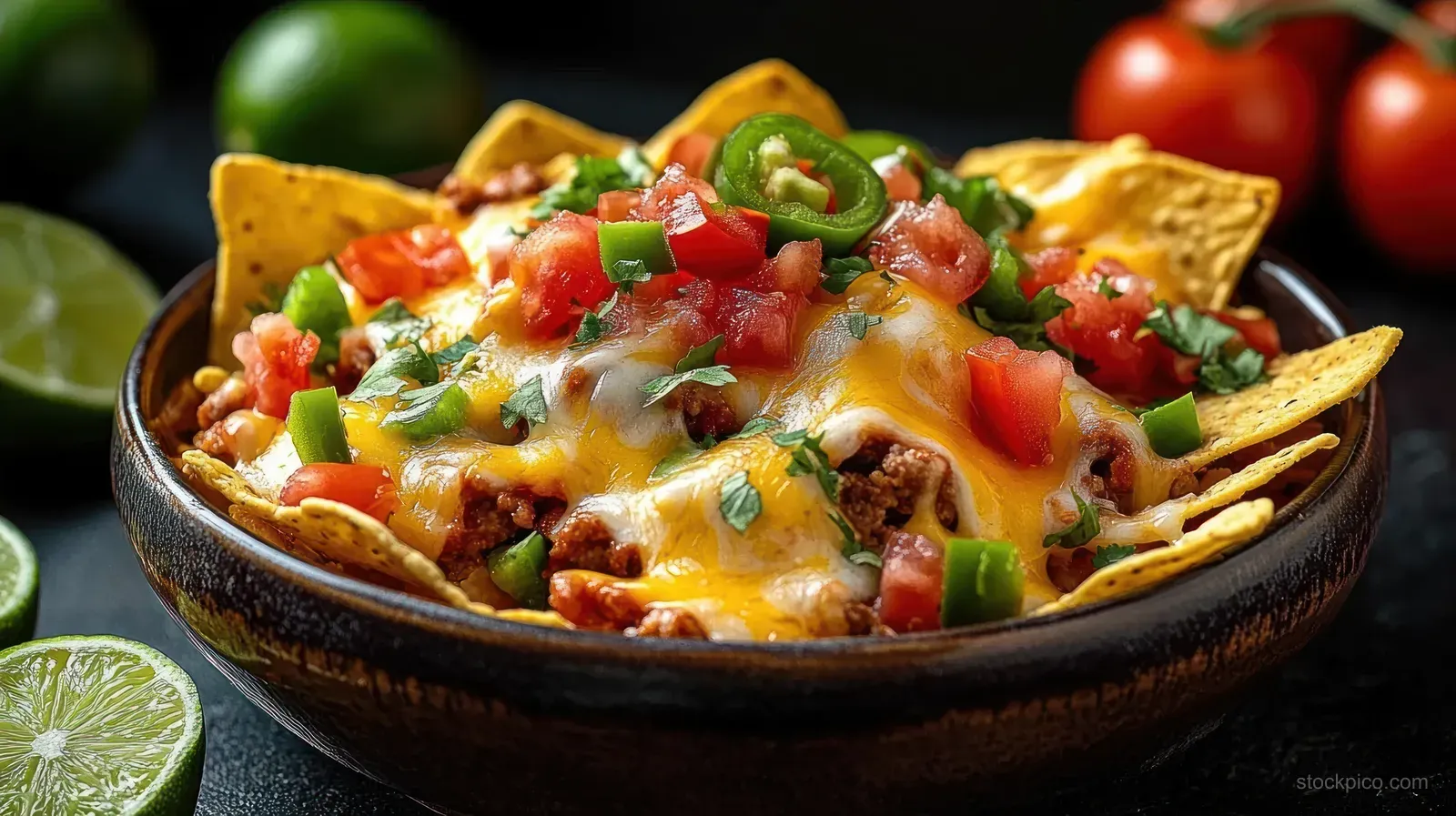 Nachos in a dark bowl topped with melted cheese, tomatoes, jalapeños, cilantro, and ground meat beside lime.