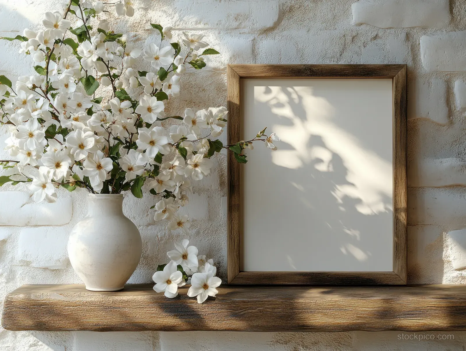 White flowers in a vase and a blank wooden picture frame rest on a rustic shelf against a white brick wall.