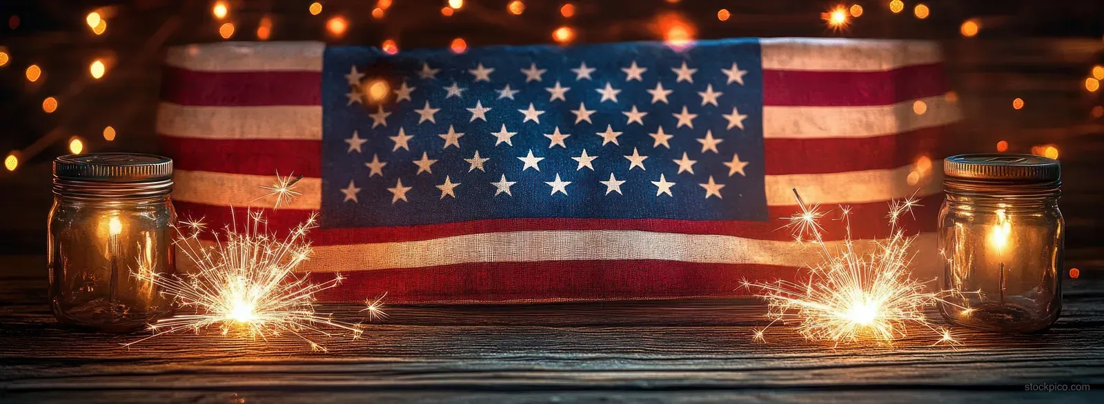 American flag banner sits between glowing sparklers on a rustic wooden background with warm lantern bokeh.