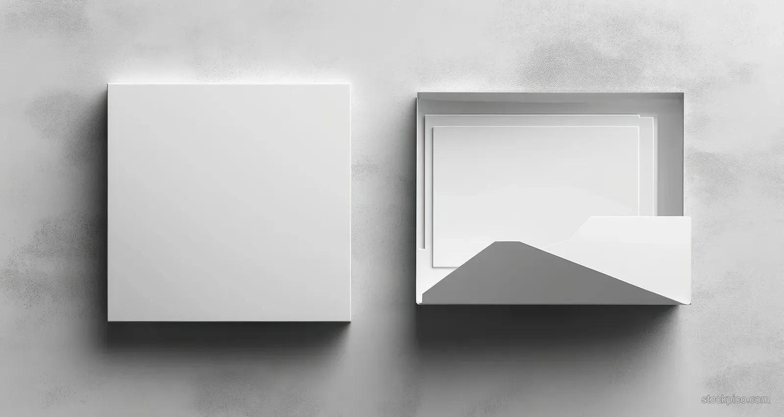 An open A4 white pocket folder sits on a gray background with clean edges and soft shadows.