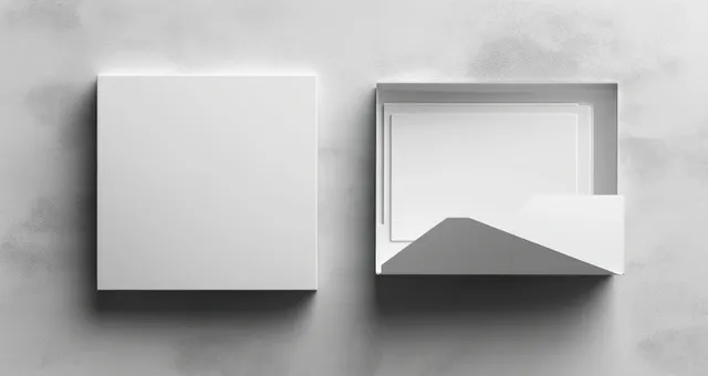A4 white pocket folder mockup open on gray background, clean geometric shadows