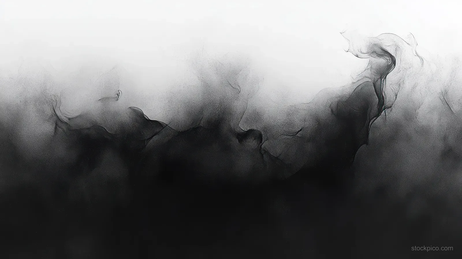 Dark watercolor ink waves blend into misty gray haze like a stormy sky over an ocean background.