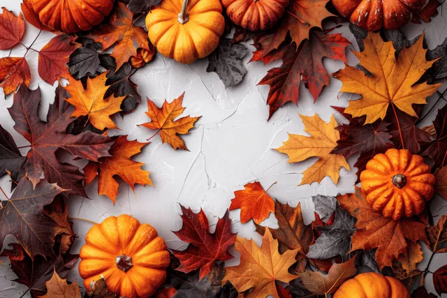 Colorful autumn leaves and small pumpkins are scattered on a white surface from above.