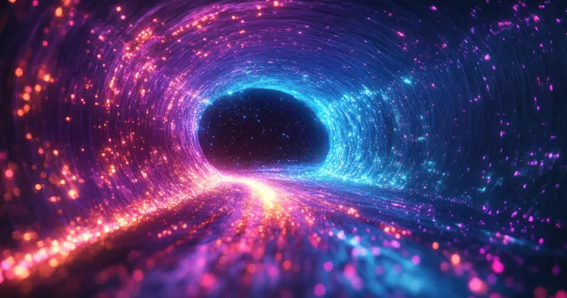 A glowing neon tunnel swirls with colorful light trails, sparkles, and a dark portal opening.