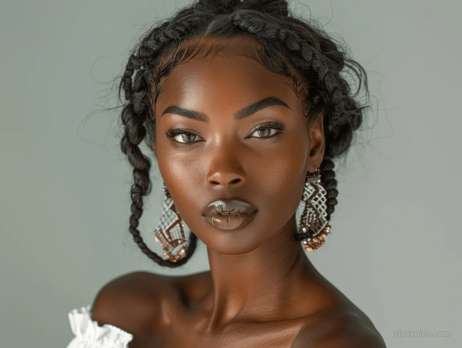 African American woman with braided hair wearing a white dress against a gray background.