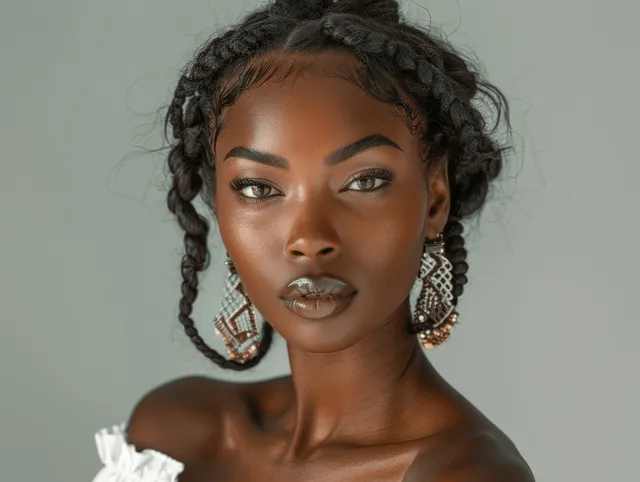 African American woman with braided hair wearing a white dress against a gray background.