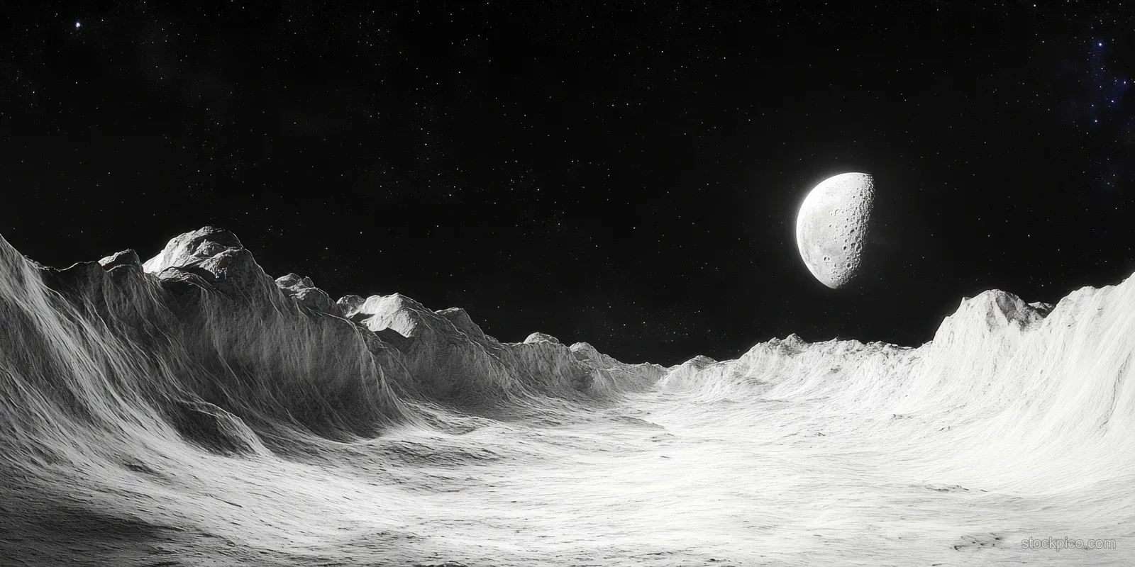 Black-and-white alien mountains in moonlight with a bright moon and dense stars overhead.