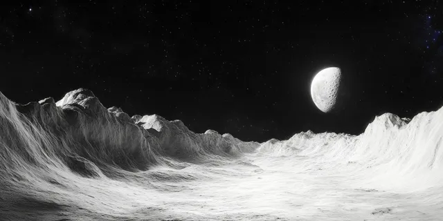 Black-and-white alien mountains in moonlight with a bright moon and dense stars overhead.