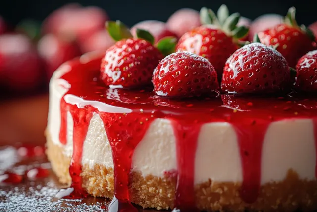Close-up strawberry cheesecake with glossy red sauce dripping over creamy white layers