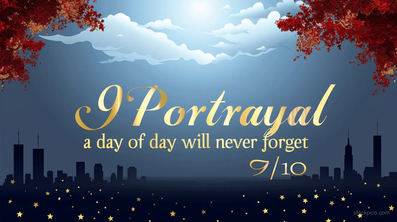 Patriot Day memorial banner shows a dark skyline silhouette, golden stars, and tribute text under clouds.