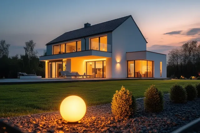 A contemporary two-story house glows with warm window light at twilight beside a trimmed lawn and illuminated garden path.