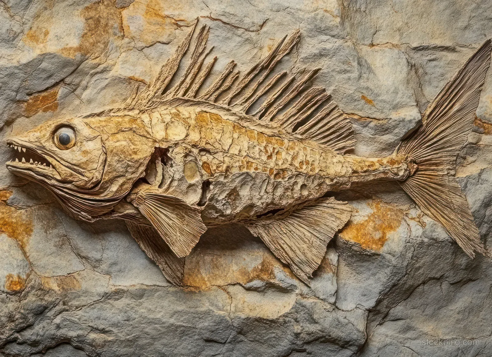 Prehistoric fish fossil embedded in rough layered rock, showing detailed skull bones and fin rays.