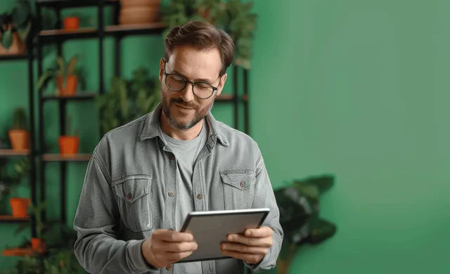 Young man holding a tablet and researching online in a studio portrait with a green background.