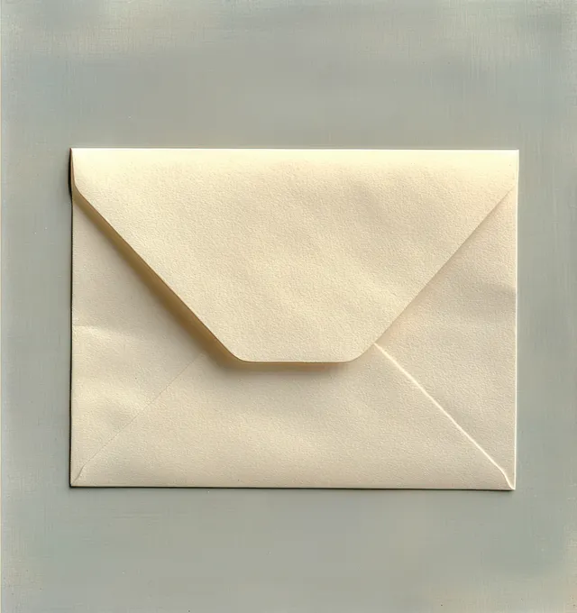A closed cream envelope lies flat on a smooth light gray surface with soft shadows.