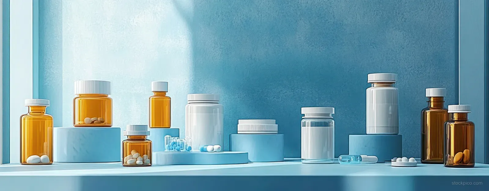 Medicine bottles and capsules arranged on blue shelves against a blue wall.