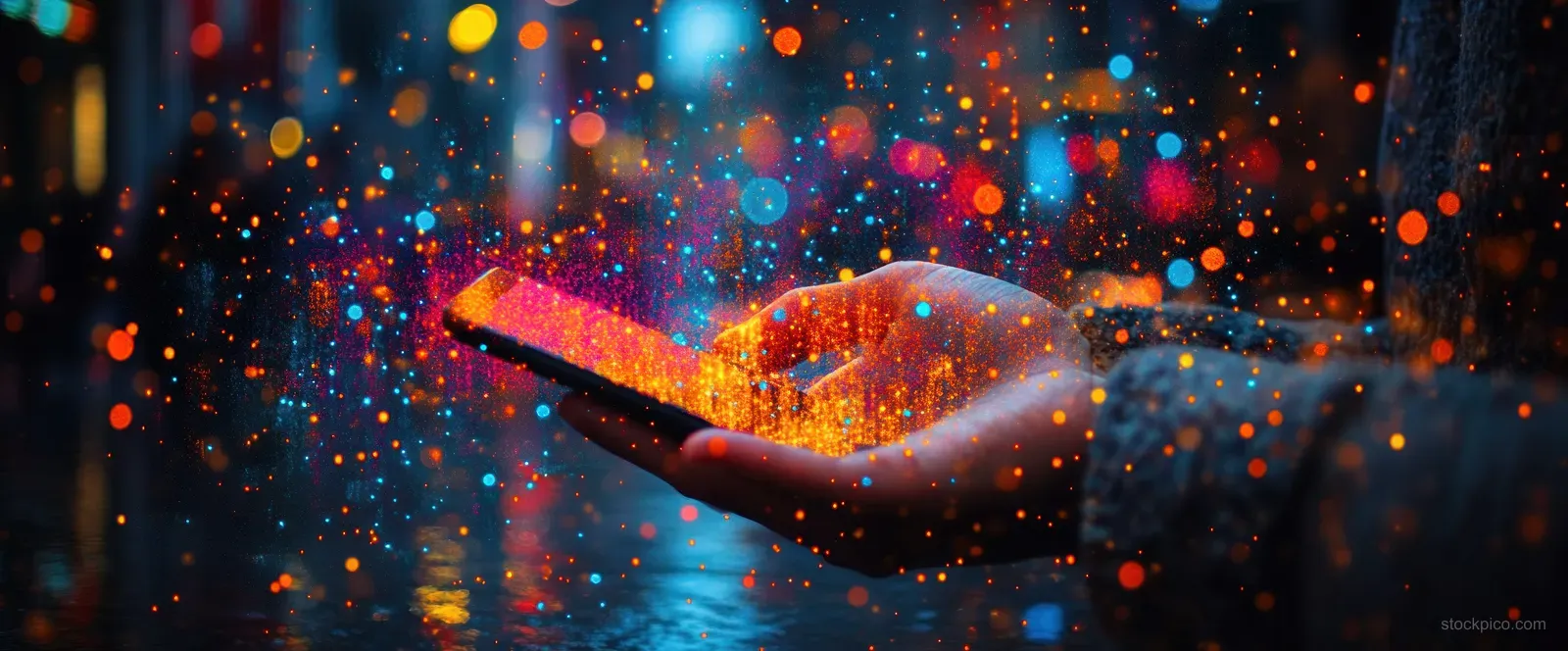 A hand holds a smartphone with glowing megaphone and dollar icons over a dark bokeh background.