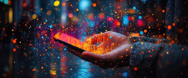 Hand holding smartphone with glowing affiliate icons and megaphone concept in dark bokeh