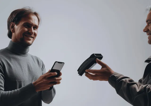 Two men smile while completing a mobile card payment using smartphones and a handheld card reader.