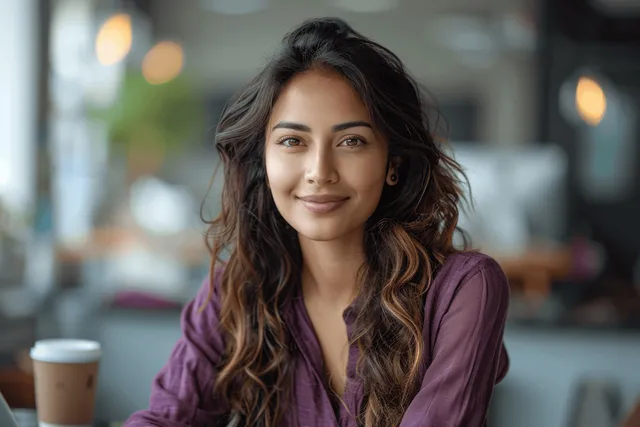 Cheerful Indian woman in purple shirt working on laptop in cozy home office, looking at camera