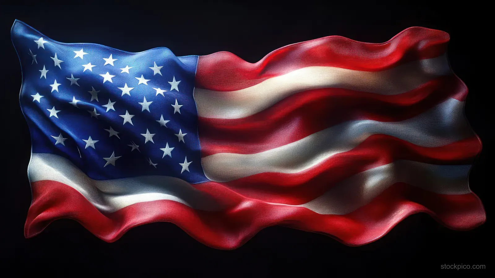 Waving American flag with stars and stripes ripples across a dark textured background.