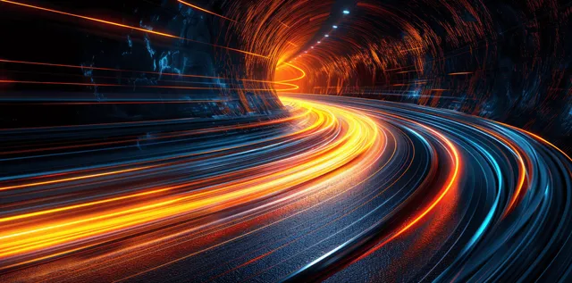 Neon light trails streak through an orange and blue futuristic tunnel at high speed