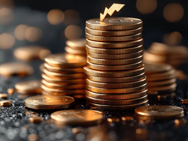 Gold coins stacked beside an upward chart arrow with warm bokeh lights in a dark scene.