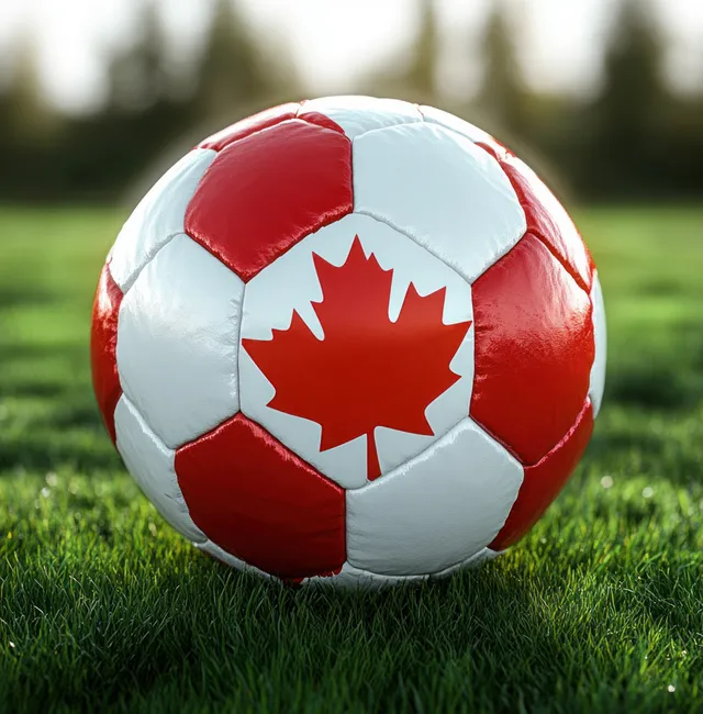 A Canada-flag soccer ball rests on green grass with a blurred outdoor field background.